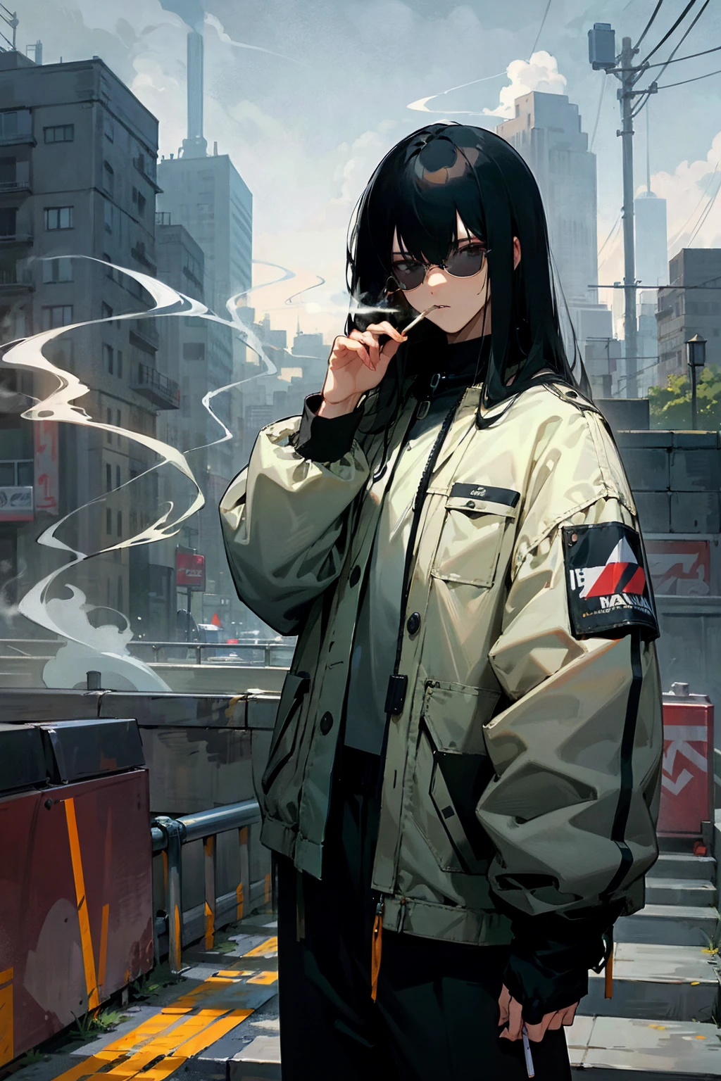 1male, black hair, medium length scruffy hair, black aviators, smoking cigarette, baggy clothing, chill, city background, detailed background, hands to side, standing on path