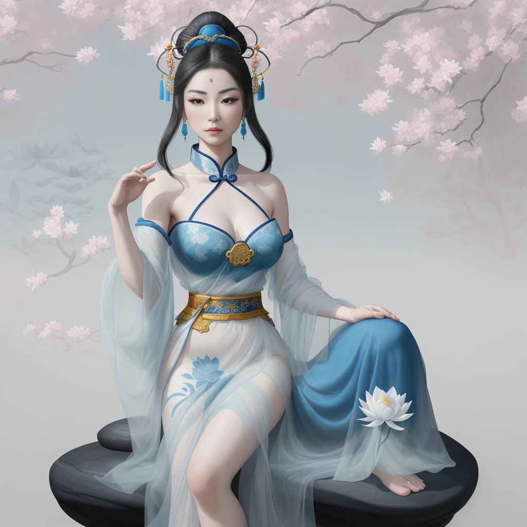 An ancient Chinese beauty sits upon a stone, adorned in traditional attire with flowing blue tulle and delicate silk. Her pose is relaxed amidst the grand lotus leaves and blossoms. The scene is captured in the style of an ink painting, characterized by clean colors, bold strokes, ample white space, and freehand technique—a true masterpiece of superlative detail, epic composition, and the highest quality, rendered in 4K resolution.