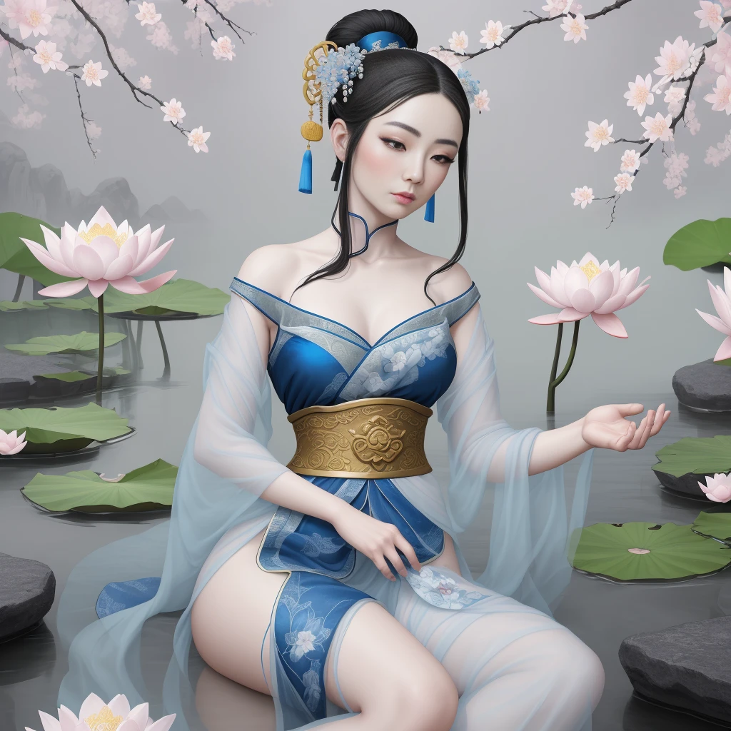 An ancient Chinese beauty sits upon a stone, adorned in traditional attire with flowing blue tulle and delicate silk. Her pose is relaxed amidst the grand lotus leaves and blossoms. The scene is captured in the style of an ink painting, characterized by clean colors, bold strokes, ample white space, and freehand technique—a true masterpiece of superlative detail, epic composition, and the highest quality, rendered in 4K resolution.