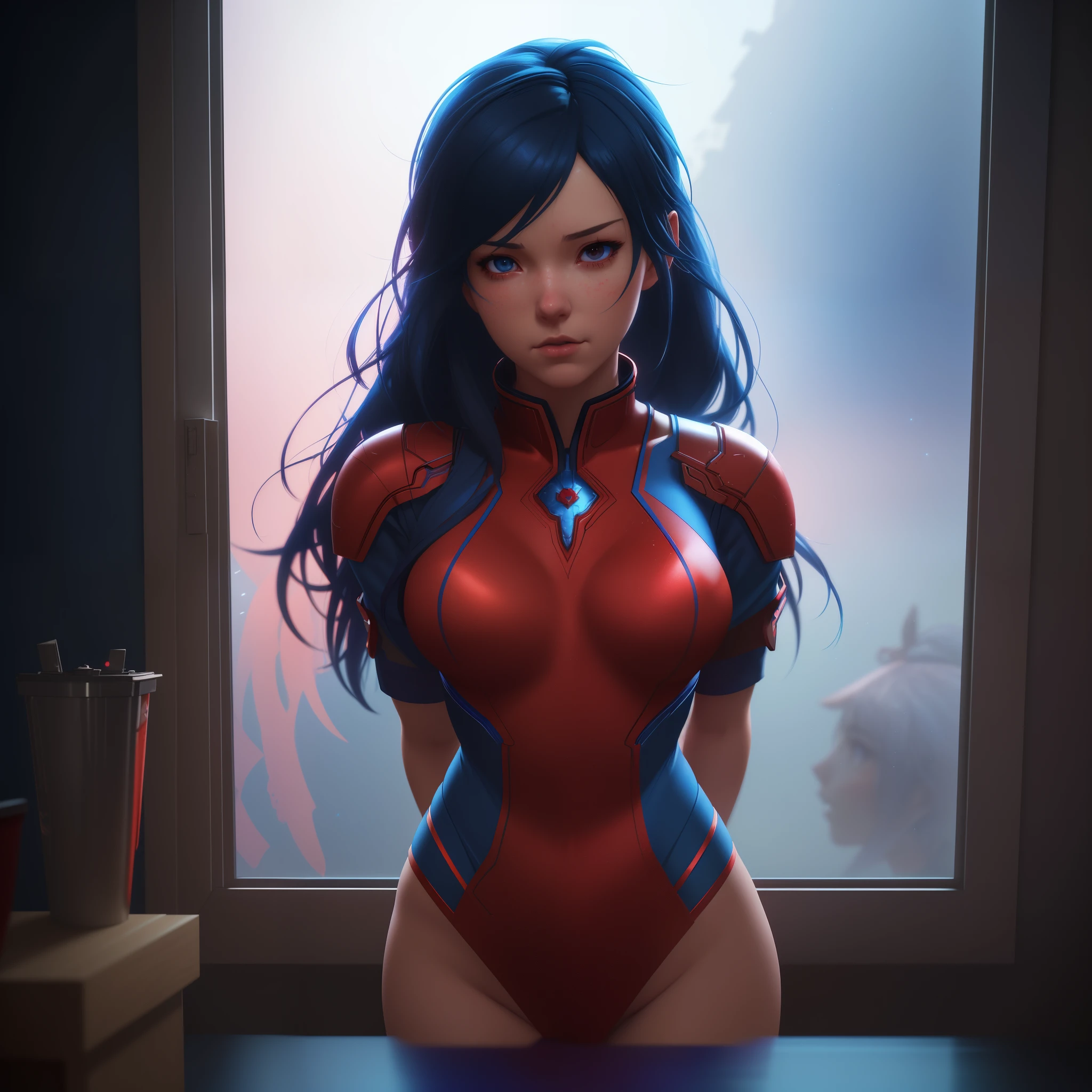 Une image conçue d'une fille en costume rouge et bleu regardant par une fenêtre, dans le style de Wojtek Fus, Ross Tran, et CGSociety, avec un style anime 3D réaliste, qui rappelle Artgerm, Atey Ghaïlan, et Ilya Kuvshinov, en résolution 4K, inspiré par le cinéma CGSociety.