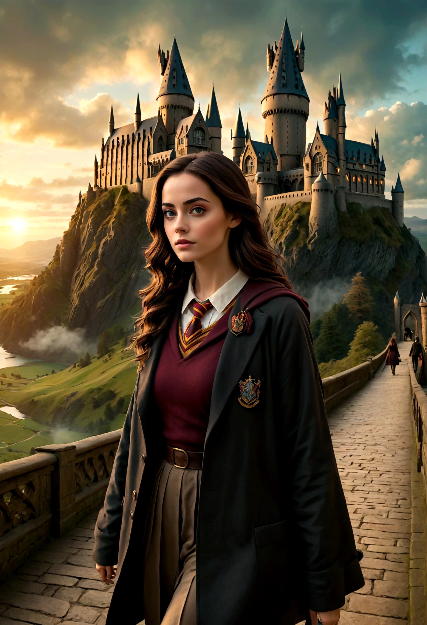 1 niña caminando hacia el Colegio Hogwarts de Magia y Hechicería, Parece Kaya Scodelario, hermosos ojos detallados, hermosos labios detallados, cara extremadamente detallada, Pestañas largas, , Pared en mano, haciendo conjuros, paisaje de fantasía, cielo nublado, Castillo de Hogwarts a lo lejos, (mejor calidad,4k,8K,alta resolución,obra maestra:1.2),ultra detallado,(Realista,photoRealista,photo-Realista:1.37),Arte De Fantasía,iluminación cinematográfica,Colores vibrantes