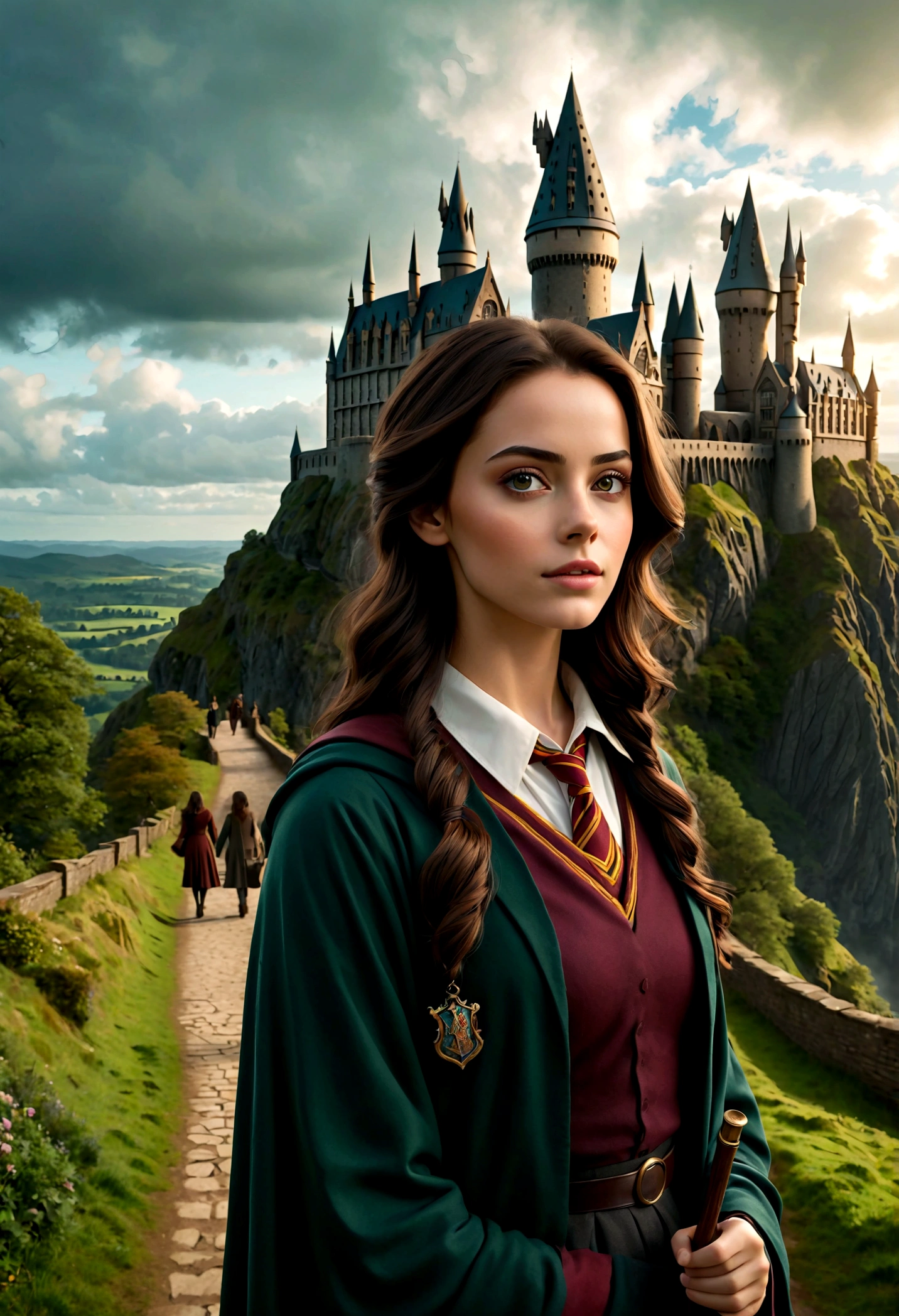 1 niña caminando hacia el Colegio Hogwarts de Magia y Hechicería, Parece Kaya Scodelario, hermosos ojos detallados, hermosos labios detallados, cara extremadamente detallada, Pestañas largas, , Pared en mano, haciendo conjuros, paisaje de fantasía, cielo nublado, Castillo de Hogwarts a lo lejos, (mejor calidad,4k,8K,alta resolución,obra maestra:1.2),ultra detallado,(Realista,photoRealista,photo-Realista:1.37),Arte De Fantasía,iluminación cinematográfica,Colores vibrantes