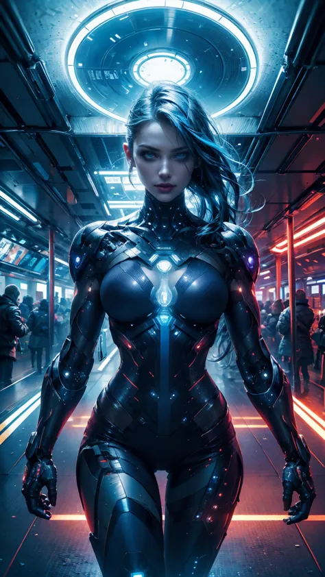 Angle from above, at night. A beautiful and sexy cyborg girl, long hair, blue hair, sexy carbon fiber and purple cybernetic augm...