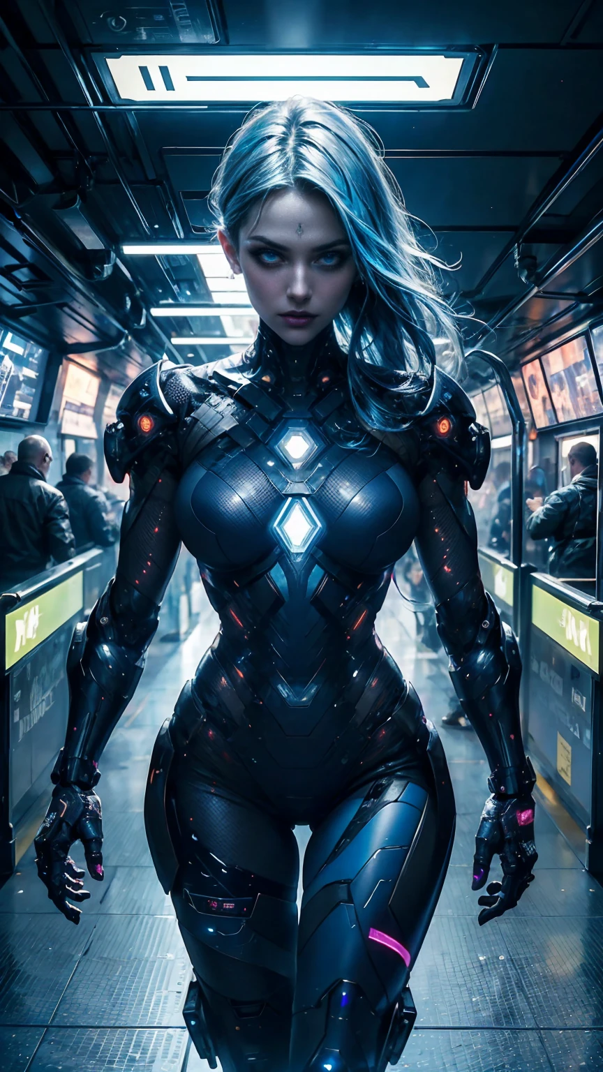 มุมจากด้านบน, ตอนกลางคืน. A beautiful and เซ็กซี่ cyborg girl, ผมยาว, ผมสีฟ้า, เซ็กซี่ carbon fiber and purple cybernetic augmentations, ด้วยเส้นสายนีออนที่สลับซับซ้อน. แขนหุ่นยนต์, ภายในรถไฟใต้ดิน, การติดตามรังสี, ไซเบอร์พังค์, ไซเบอร์พังค์ subway. เธอสวย, เซ็กซี่, ดูไร้เดียงสา, ดวงตาไซเบอร์ที่เข้มข้นและสดใส. เซ็กซ์ไซบอร์ก ยมโลก. ทุกพื้นที่และสิ่งปลูกสร้างในภูมิทัศน์ได้รับการถ่ายทอดอย่างพิถีพิถัน, จากโซนรถไฟใต้ดินไซเบอร์แห่งอนาคตและอาชญากรที่สุด, สร้างโลกที่สวยงามและน่าดื่มด่ำ. เอฟเฟกต์โดยรวมเป็นส่วนผสมที่ลงตัวระหว่างแฟนตาซี, ความวุ่นวายและอาชญากรรม. fine quality ตาอาร์ติค, ตาอาร์ติค , ละเอียดมาก, สวยงามและน่าพึงพอใจ, ผลงานชิ้นเอก, คะแนนคุณภาพที่ดีที่สุด, มีรายละเอียดมาก, การติดตามรังสี, ร่างกายกลาง, ใกล้ชิด, มุมมองสูง, อนุภาคและแสงที่แข็ง.