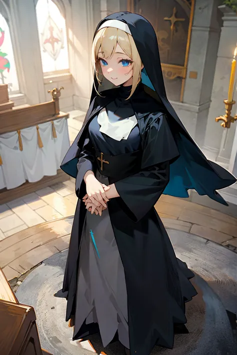 1female, blonde hair, blue eyes smiling, nun outfit, church background, detailed background, hands to side, standing on path