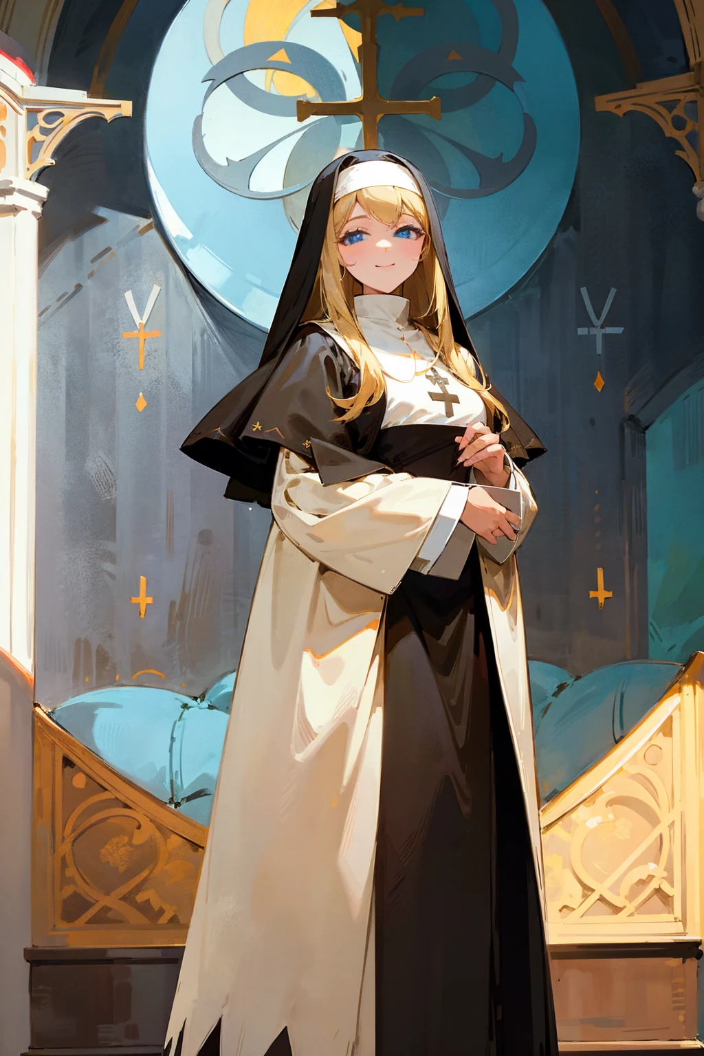 1female, blonde hair, blue eyes smiling, nun outfit, church background, detailed background, hands to side, standing on path