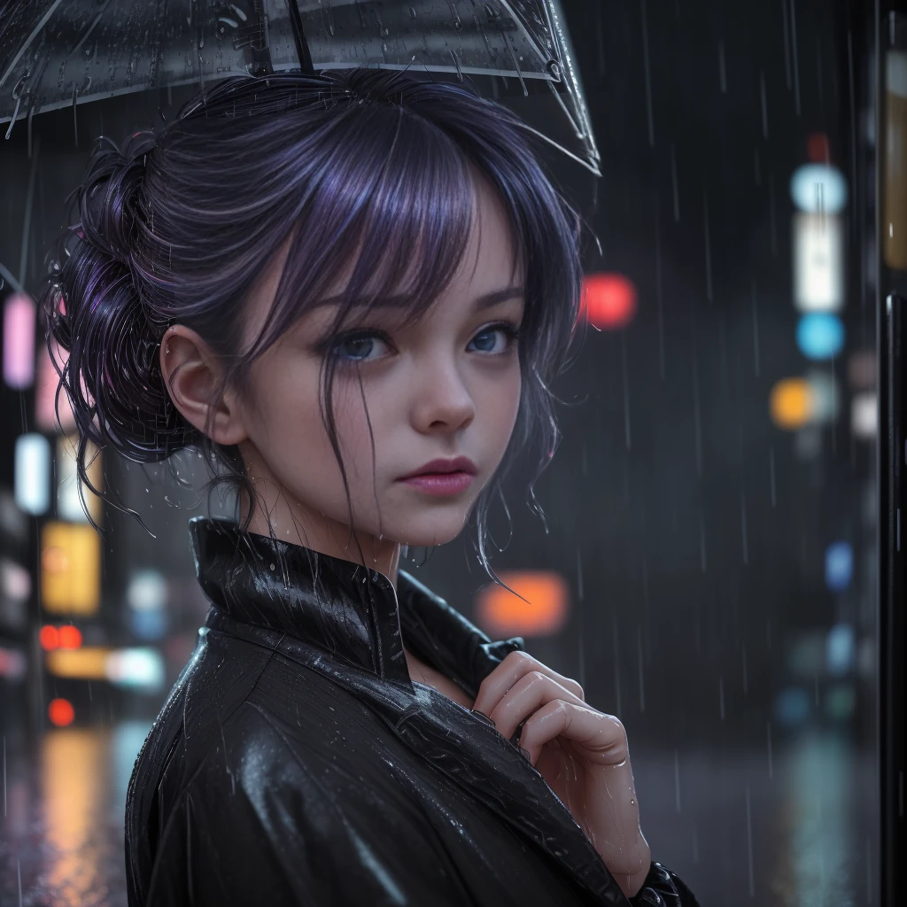 An 8k, RAW photo of the highest quality, a masterpiece with realistic, photo-realistic elements, depicting a rainy night on a Tokyo street. The cityscape is wet and illuminated by the soft lights of a cyberpunk city. A girl with an extremely beautiful face is featured in the bust shot, her hands down, sporting a random hairstyle, hair color, and expression.