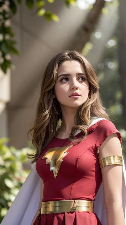 (Ultra réaliste,32k, chef-d&#39;œuvre:1.2),(Peau très détaillée:1.1),( 8k euh, Reflex numérique, Haute qualité:1.1), Laura Marano,
Laura Marano dans le rôle de Mary Marvel, cheveux bruns, cheveux longs, cape blanche, robe rouge, jupe rouge, manches courtes, entretoise , (énorme poitrine:0.9), (regarder le spectateur, debout, par le bas:1.1),,,(rayons lumineux denses:1.1),fond blanc