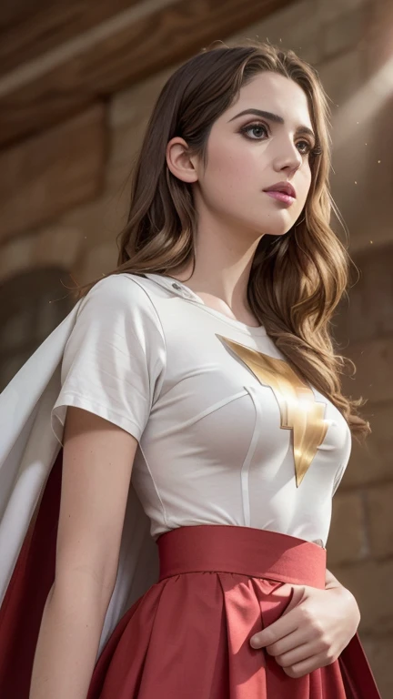 (Ultra réaliste,32k, chef-d&#39;œuvre:1.2),(Peau très détaillée:1.1),( 8k euh, Reflex numérique, Haute qualité:1.1), Laura Marano,
Laura Marano dans le rôle de Mary Marvel, cheveux bruns, cheveux longs, cape blanche, robe rouge, jupe rouge, manches courtes, entretoise , (énorme poitrine:0.9), (regarder le spectateur, debout, par le bas:1.1),,,(rayons lumineux denses:1.1),fond blanc