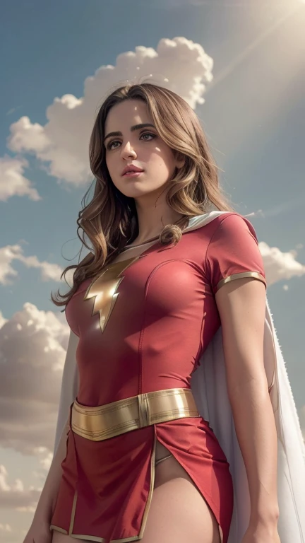 (Ultra réaliste,32k, chef-d&#39;œuvre:1.2),(Peau très détaillée:1.1),( 8k euh, Reflex numérique, Haute qualité:1.1), Laura Marano,
Laura Marano dans le rôle de Mary Marvel, cheveux bruns, cheveux longs, cape blanche, robe rouge, jupe rouge, manches courtes, entretoise , (énorme poitrine:0.9), (regarder le spectateur, debout, par le bas:1.1),,,(rayons lumineux denses:1.1),fond blanc