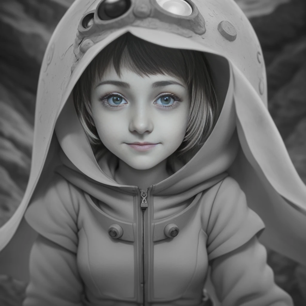 Nausicaä, Valley of the Wind, monochrome, greyscale, a detailed portrait of a single girl, gazing at the viewer with a melancholic smile, captured from the upper body.