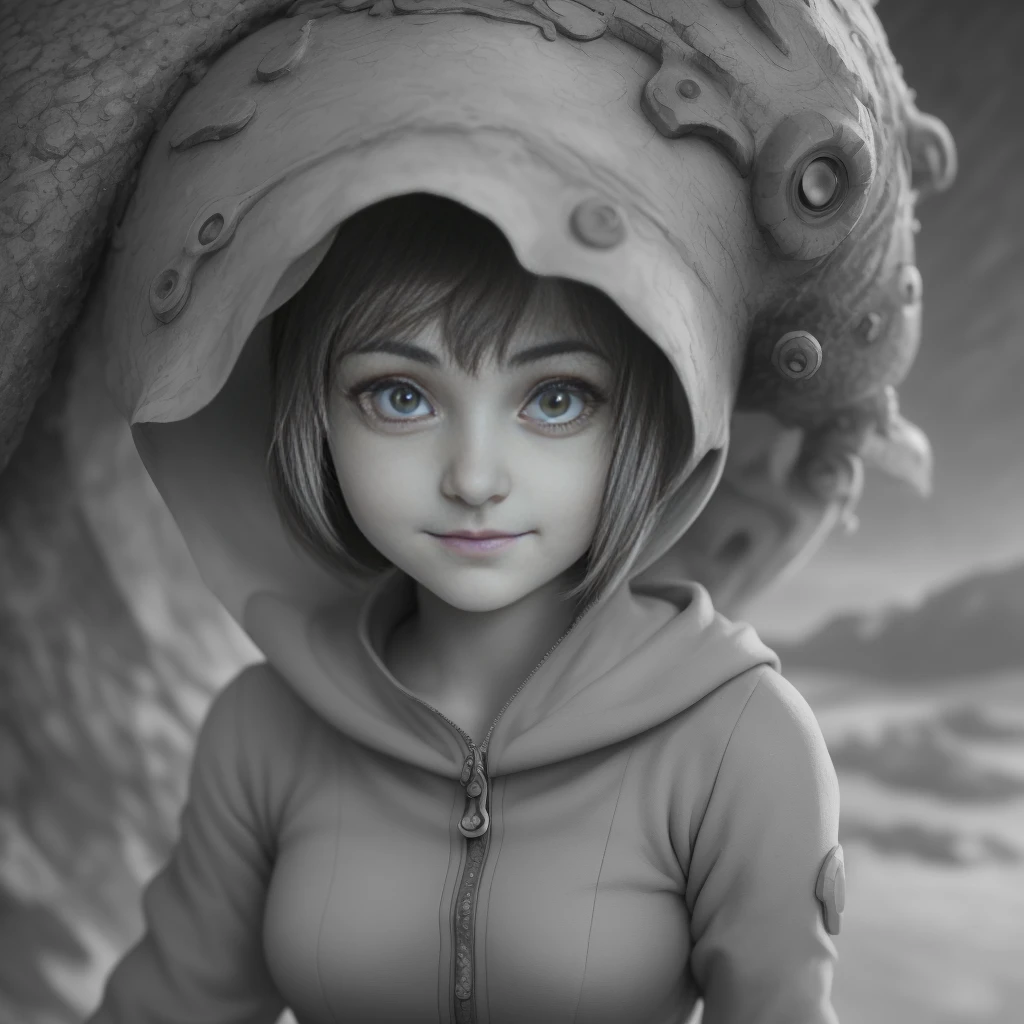 Nausicaä, Vallée du vent, Monochromes, niveaux de gris, un portrait détaillé d&#39;une fille célibataire, regarder le spectateur avec un sourire mélancolique, capturé du haut du corps.