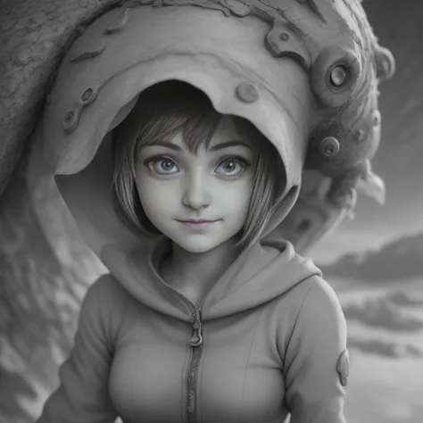 Nausicaä, Valley of the Wind, monochrome, greyscale, a detailed portrait of a single girl, gazing at the viewer with a melanchol...