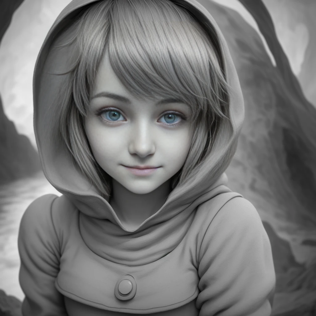 Nausicaä, Valley of the Wind, monochrome, greyscale, a detailed portrait of a single girl, gazing at the viewer with a melancholic smile, captured from the upper body.