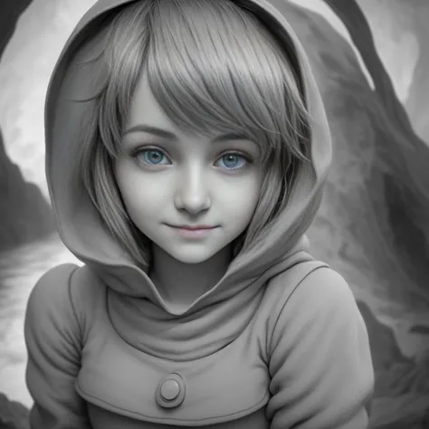 Nausicaä, Valley of the Wind, monochrome, greyscale, a detailed portrait of a single girl, gazing at the viewer with a melanchol...