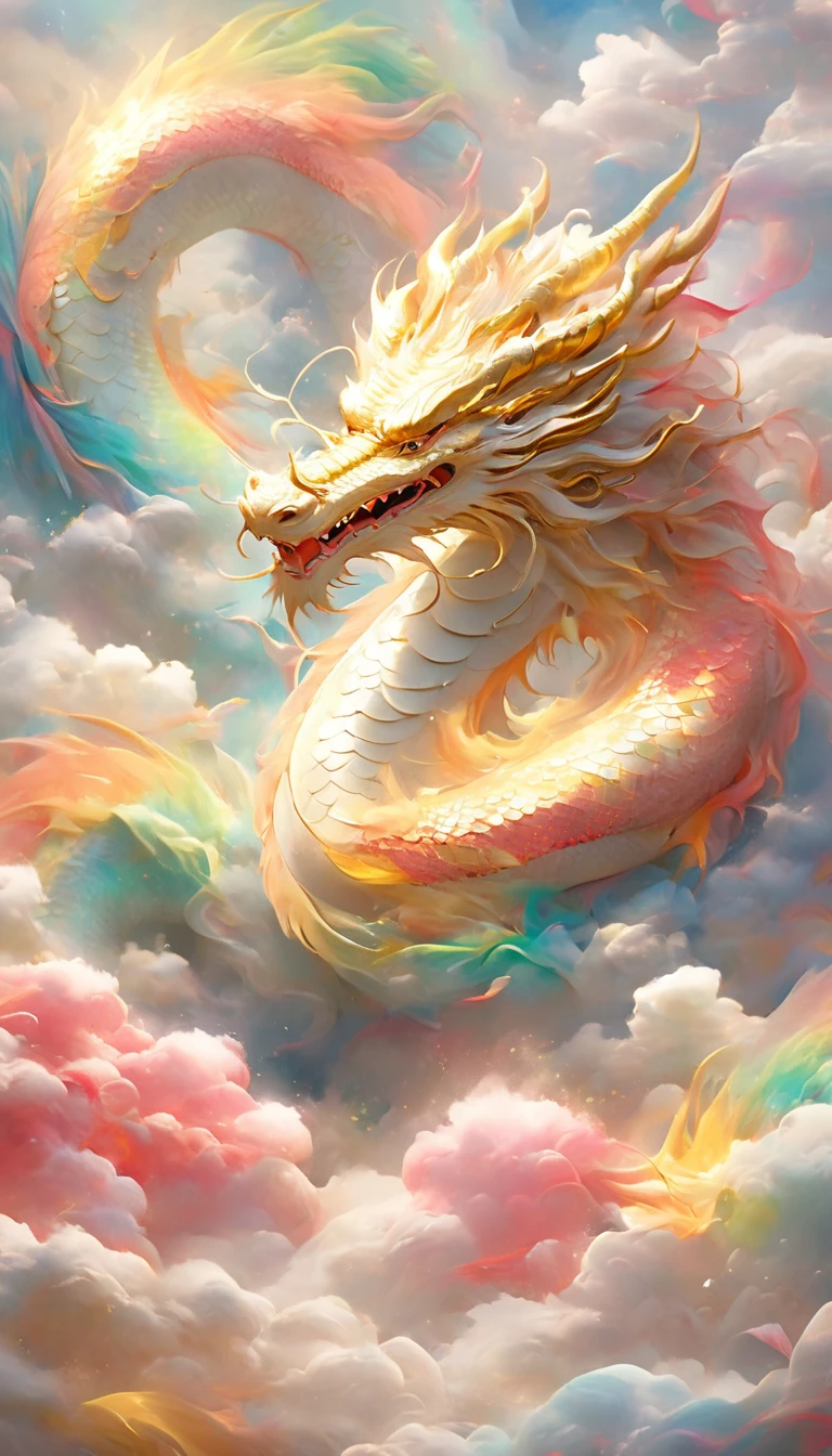 A dragon rises from the sea of clouds、Carrying great happiness、A giant gold and red body、High detail、high resolution、High color rendering、High resolution、Surreal、Realistic、Rainbow-colored、Pastel colored scales