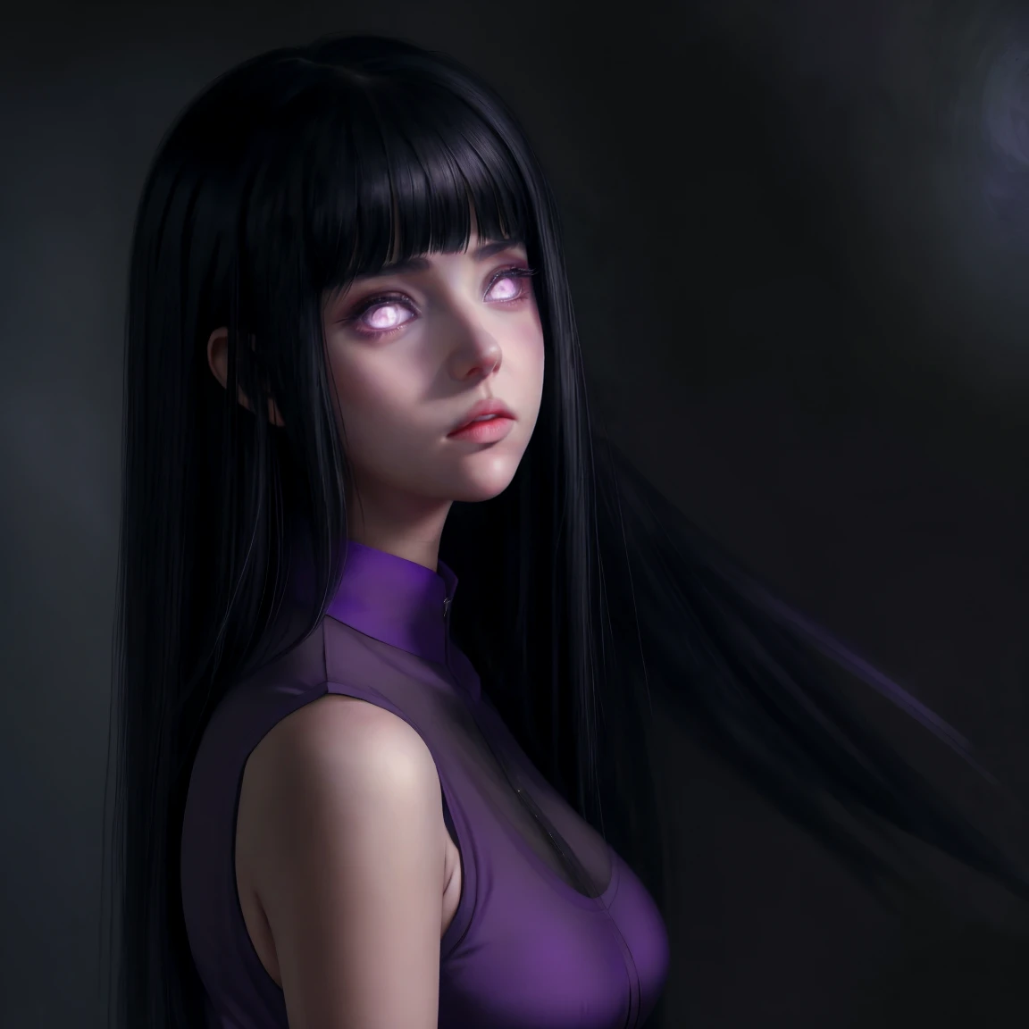 1girl, adult, Hinata Hyuga, the last, shy girl, long black hair, blunt bangs, dark hair, Voluminous hair, lavender eyes, no pupils, Lavender Sleeveless Blouse, big breasts, slim waist, masterpiece, best quality, Professional, realistic.