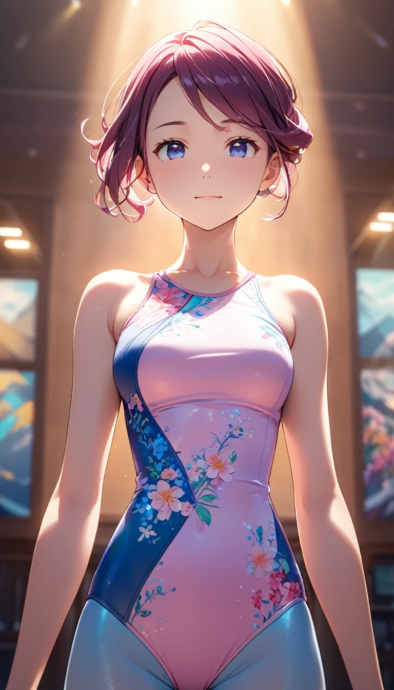 highquality illustration, masterpiece, very delicate and beautiful, attractive girl,(gymnastics leotard, Floral patterns leotard,long_sleeve leotard,high_leg leotard,athletic leotard,tight-fit leotard),thin,slender body,slim,high school,gymnasium background,gymnastics club,gymnastics athlete,princess, beautiful eyes,light smile,(masterpiece, best quality:1.2), highres, extremely detailed CG unity 8k wallpaper, perfect lighting, Colourful, ultra-high res,4K,ultra-detailed, photography, 8K, HDR, 17 ages, 