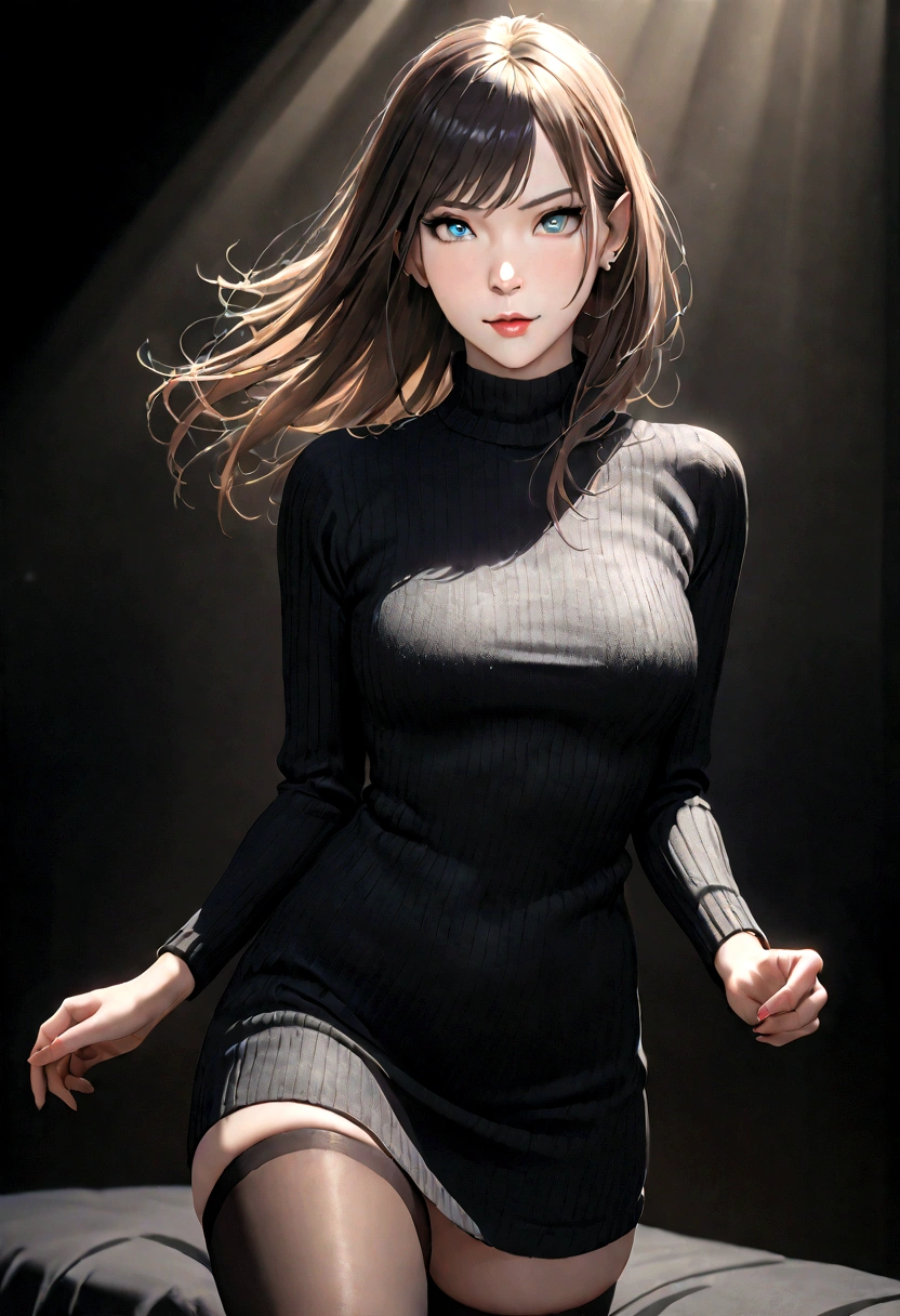 a beautiful girl wearing a black sweater, thigh-highs, and has a perfect body, extremely detailed, high quality, photorealistic, studio lighting, vivid colors, intricate details, elegant, graceful pose, glowing skin, dazzling eyes, lush lips, long lashes, cinematic lighting, masterpiece