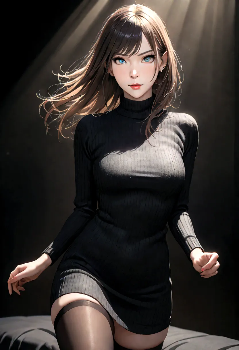 a beautiful girl wearing a black sweater, thigh-highs, and has a perfect body, extremely detailed, high quality, photorealistic,...