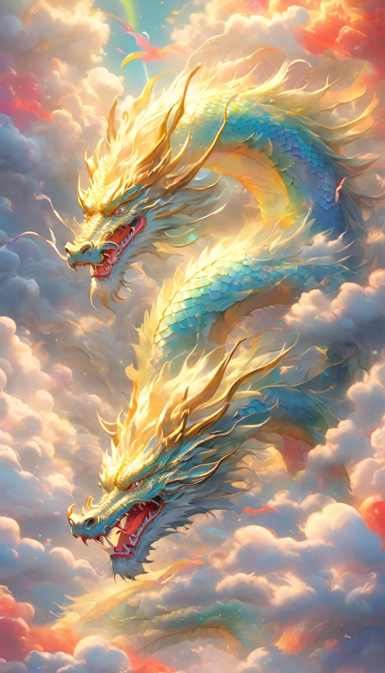 A dragon rises from the sea of clouds、Carrying great happiness、A giant gold and red body、High detail、high resolution、High color rendering、High resolution、Surreal、Realistic、Rainbow-colored、Pastel colored scales