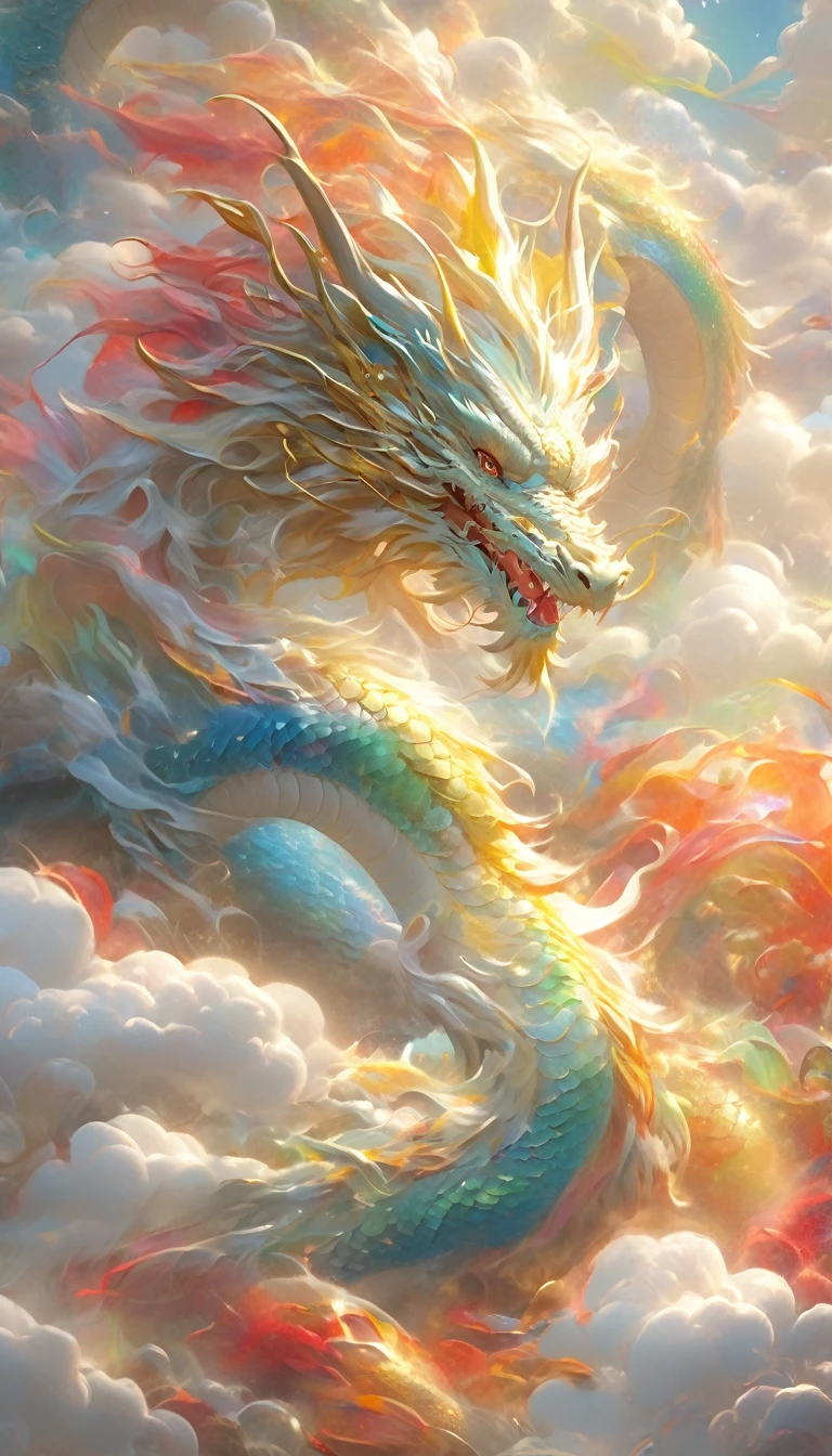 Um dragão surge do mar de nuvens、Carregando grande felicidade、Um corpo gigante dourado e vermelho、Alto detalhe、alta resolução、Alta renderização de cores、alta resolução、Surreal、realista、Cor do arco-íris、Escamas em tons pastéis