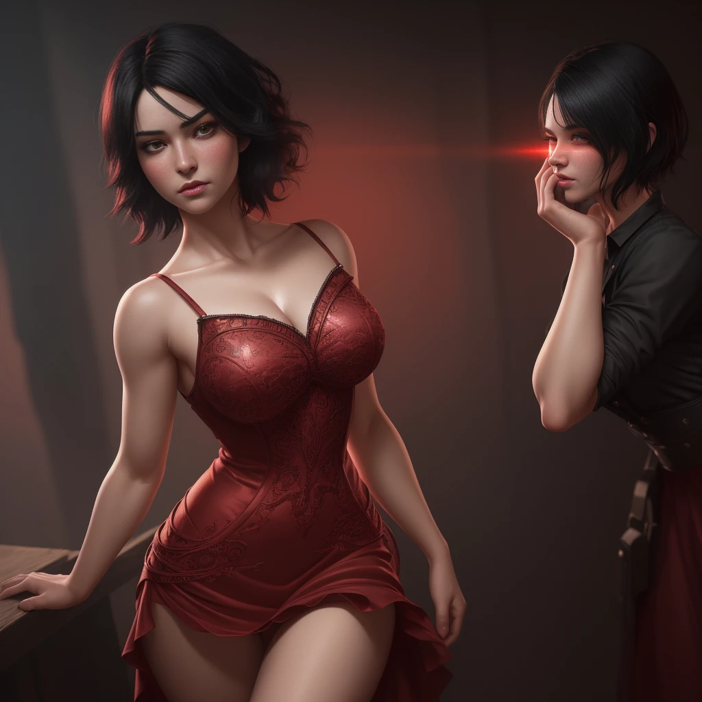 1girl, cowboy shot of beautiful ada, looking at viewer, red dress, black hair, blush, short hair, athletic night, volumetric lighting, best quality, masterpiece, intricate details, tonemapping, sharp focus, hyper detailed, trending on Artstation, ada, realistic 