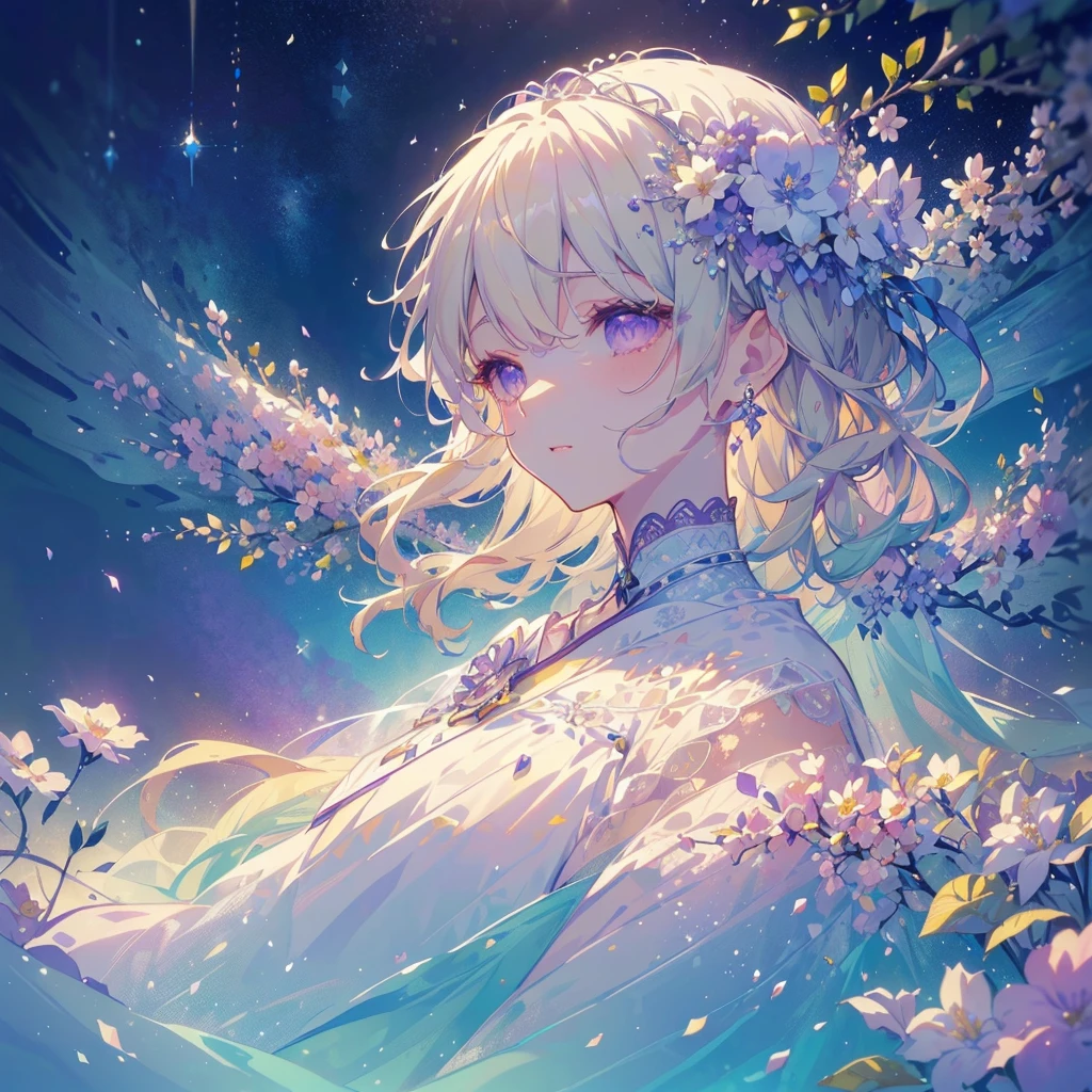 1girl,Dynamic composition、(((highest quality、最高masterpiece、Official Art、Award-winning works、The best dynamic composition、Detailed Hair)))、Super detailed、Anime Style、(highest quality, masterpiece, Very detailed, Very detailed, Exquisite, 16k,Full HD),A little closer,Dramatic lighting,pastel colour,moonlight, Soft lighting, ((alone:1.5)),From the side,Beautiful night sky,Starry Sky,meteor,From above,((head shot)),Wake up,Lots of flowers,The whole screen is surrounded by flowers.,(Crystal Forest),(Fairy Princess, Purple eyes, Long eyelashes,White skin,slim,pale pink plump lips,Pale pink cheeks, blonde,thin and long,(thin and high nose,Small Nose),(腰の少しFrom above巨大な妖精の羽),elegant,Flower Magic,Diamond Tiara,Diamond Earrings,Diamond Earrings,Diamond Choker,White ball gown dress with diamonds, Lace and frills,(Laughter), (Fantasy, Romantic atmosphere), magic lights,