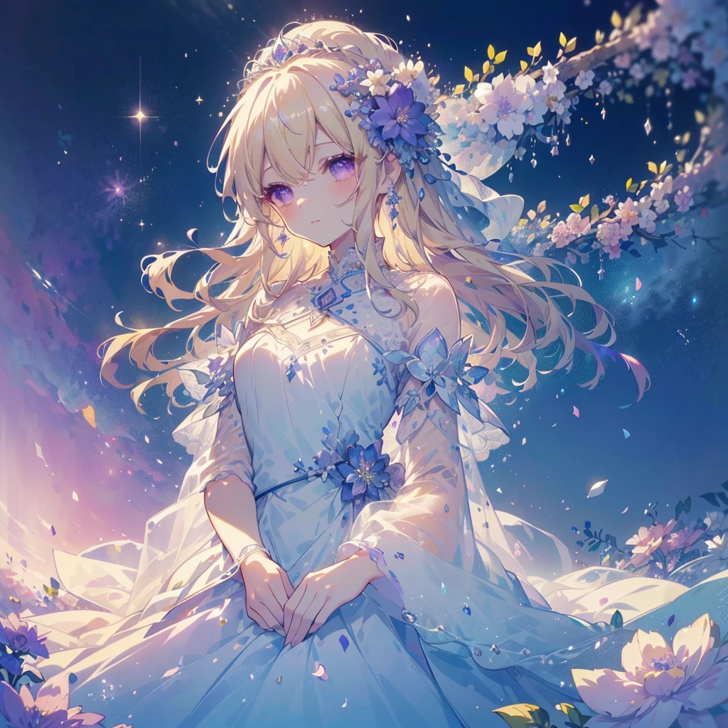 1girl,Dynamic composition、(((highest quality、最高masterpiece、Official Art、Award-winning works、The best dynamic composition、Detailed Hair)))、Super detailed、Anime Style、(highest quality, masterpiece, Very detailed, Very detailed, Exquisite, 16k,Full HD),A little closer,Dramatic lighting,pastel colour,moonlight, Soft lighting, ((alone:1.5)),From the side,Beautiful night sky,Starry Sky,meteor,From above,((head shot)),Wake up,Lots of flowers,The whole screen is surrounded by flowers.,(Crystal Forest),(Fairy Princess, Purple eyes, Long eyelashes,White skin,slim,pale pink plump lips,Pale pink cheeks, blonde,thin and long,(thin and high nose,Small Nose),(腰の少しFrom above巨大な妖精の羽),elegant,Flower Magic,Diamond Tiara,Diamond Earrings,Diamond Earrings,Diamond Choker,White ball gown dress with diamonds, Lace and frills,(Laughter), (Fantasy, Romantic atmosphere), magic lights,