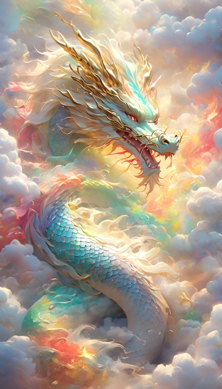 A dragon rises from the sea of clouds、Carrying great happiness、A giant gold and red body、High detail、high resolution、High color rendering、High resolution、Surreal、Realistic、Rainbow-colored、Pastel colored scales