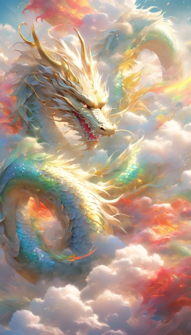 A dragon rises from the sea of clouds、Carrying great happiness、A giant gold and red body、High detail、high resolution、High color rendering、High resolution、Surreal、Realistic、Rainbow-colored、Pastel colored scales