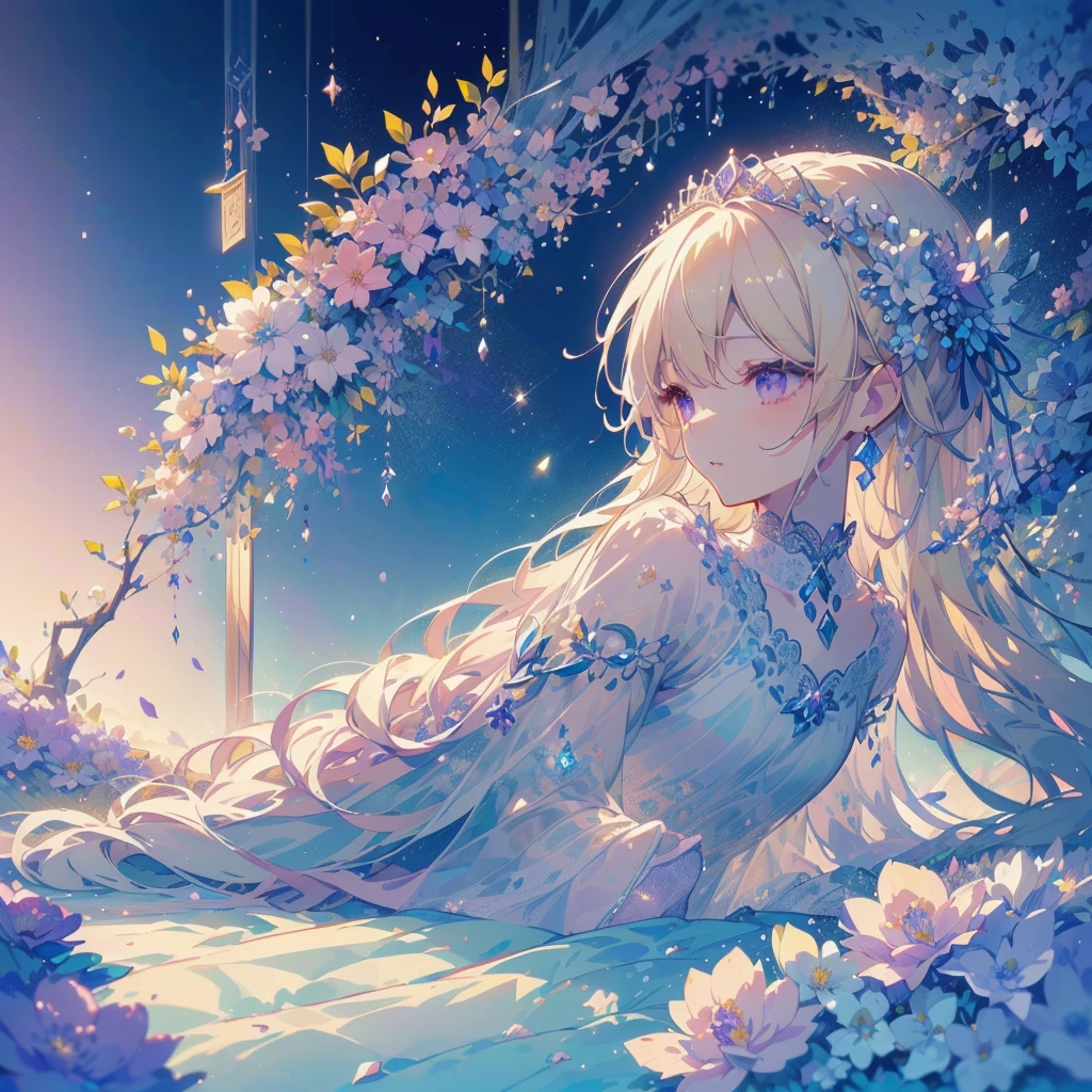 1girl,Dynamic composition、(((highest quality、最高masterpiece、Official Art、Award-winning works、The best dynamic composition、Detailed Hair)))、Super detailed、Anime Style、(highest quality, masterpiece, Very detailed, Very detailed, Exquisite, 16k,Full HD),A little closer,Dramatic lighting,pastel colour,moonlight, Soft lighting, ((alone:1.5)),From the side,Beautiful night sky,Starry Sky,meteor,From above,((head shot)),Wake up,Lots of flowers,The whole screen is surrounded by flowers.,(Crystal Forest),(Fairy Princess, Purple eyes, Long eyelashes,White skin,slim,pale pink plump lips,Pale pink cheeks, blonde,thin and long,(thin and high nose,Small Nose),(腰の少しFrom above巨大な妖精の羽),elegant,Flower Magic,Diamond Tiara,Diamond Earrings,Diamond Earrings,Diamond Choker,White ball gown dress with diamonds, Lace and frills,(Laughter), (Fantasy, Romantic atmosphere), magic lights,