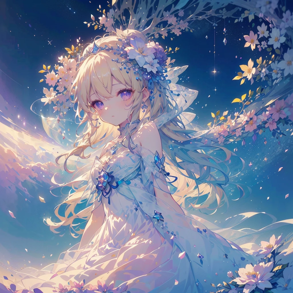 1girl,Dynamic composition、(((highest quality、最高masterpiece、Official Art、Award-winning works、The best dynamic composition、Detailed Hair)))、Super detailed、Anime Style、(highest quality, masterpiece, Very detailed, Very detailed, Exquisite, 16k,Full HD),A little closer,Dramatic lighting,pastel colour,moonlight, Soft lighting, ((alone:1.5)),From the side,Beautiful night sky,Starry Sky,meteor,From above,((head shot)),Wake up,Lots of flowers,The whole screen is surrounded by flowers.,(Crystal Forest),(Fairy Princess, Purple eyes, Long eyelashes,White skin,slim,pale pink plump lips,Pale pink cheeks, blonde,thin and long,(thin and high nose,Small Nose),(腰の少しFrom above巨大な妖精の羽),elegant,Flower Magic,Diamond Tiara,Diamond Earrings,Diamond Earrings,Diamond Choker,White ball gown dress with diamonds, Lace and frills,(Laughter), (Fantasy, Romantic atmosphere), magic lights,