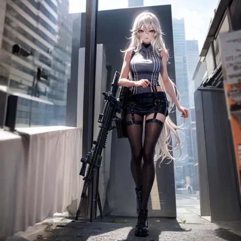 solo、full-body portraits、sleeveless、White-colored skin，Large Breasts,Sniper rifle，Magnum