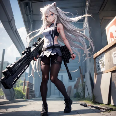 solo、full-body portraits、sleeveless、White-colored skin，Large Breasts,Sniper rifle，Magnum，Black tights