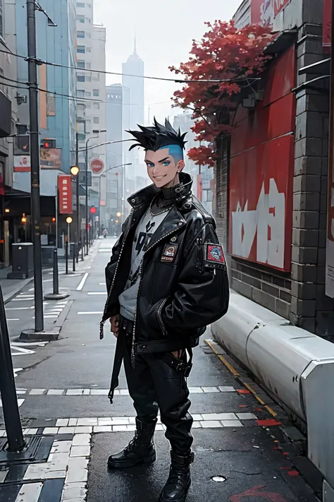 1male, faded mohawk, black hair, smiling, blue eyes, leather jacket, baggy jacket, baggy clothing, city background, detailed bac...