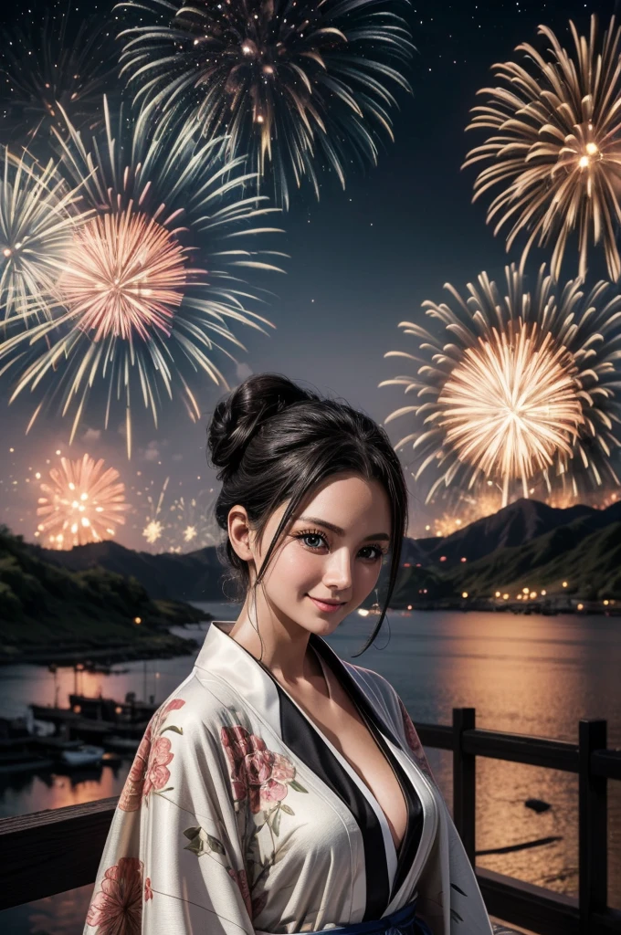 masterpiece, best quality, extremely detailed, hyperrealistic:1.1, photorealistic, a beautiful 20s russian model, ultra detailed face:1.1, white japanese yukata, black kimono cardigan, half updo, black hair, fireworks festival, detailed fireworks:1.1, fireworks burst in a multitude of vibrant hues, each explosion is intricately detailed with sparks and captivating rails, the night sky is clear and the stars twinkle in the background, medium shot, smiling