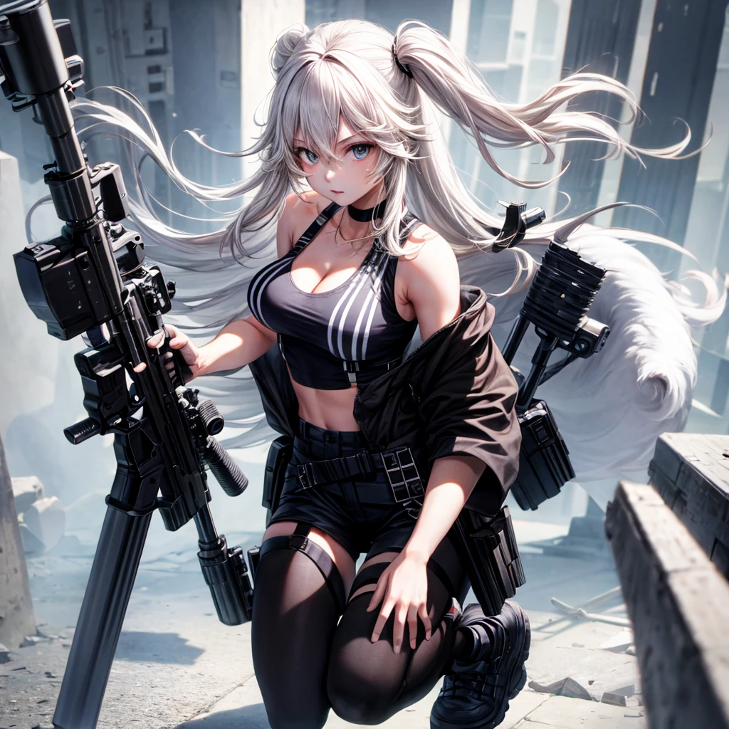 solo、full-body portraits、sleeveless、White-colored skin，Large Breasts,Sniper rifle，Magnum，Black tights，cleavage