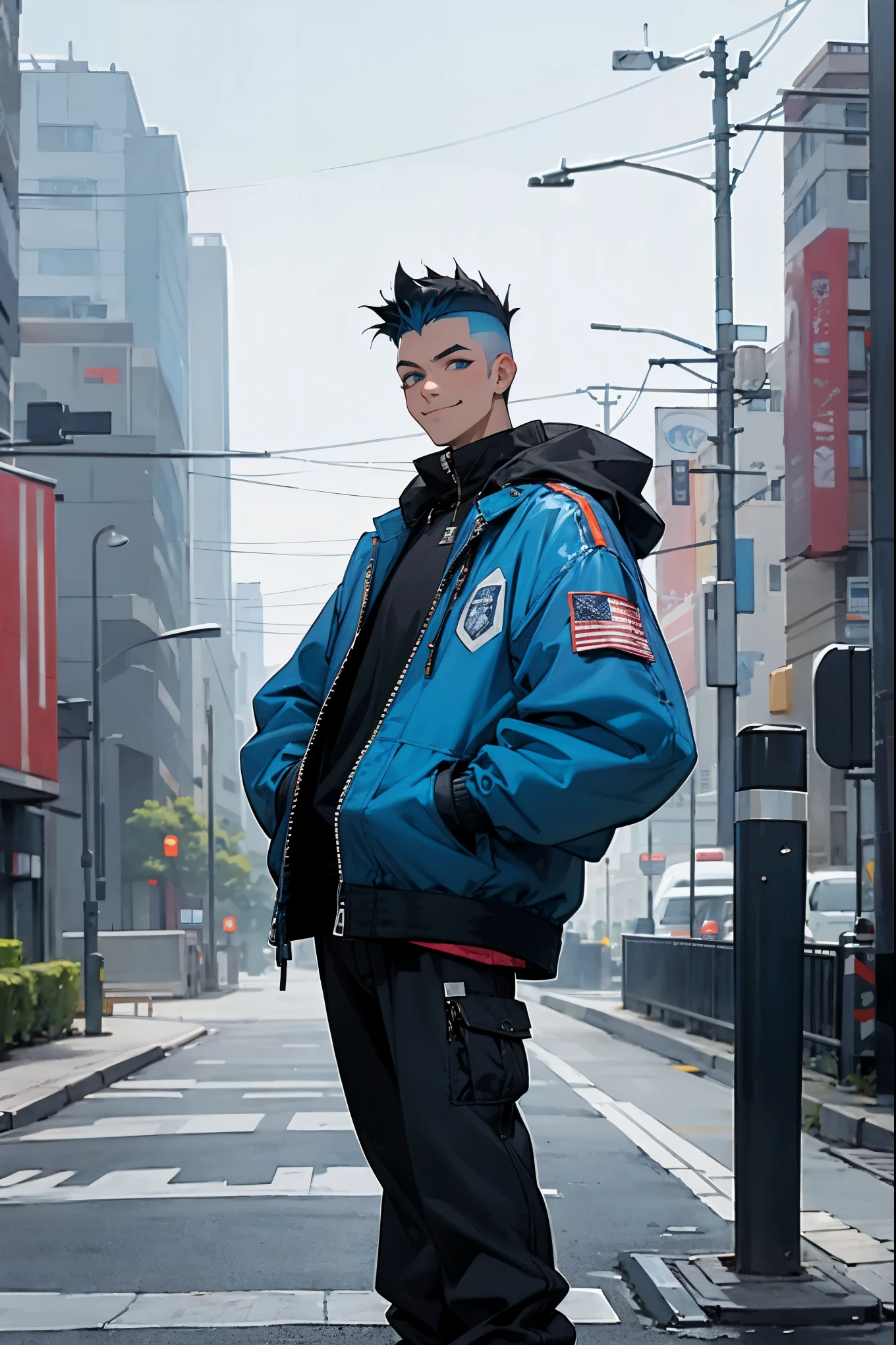 1male, faded mohawk, black hair, smiling, blue eyes, baggy jacket, baggy clothing, city background, detailed background, hands to side, standing on path