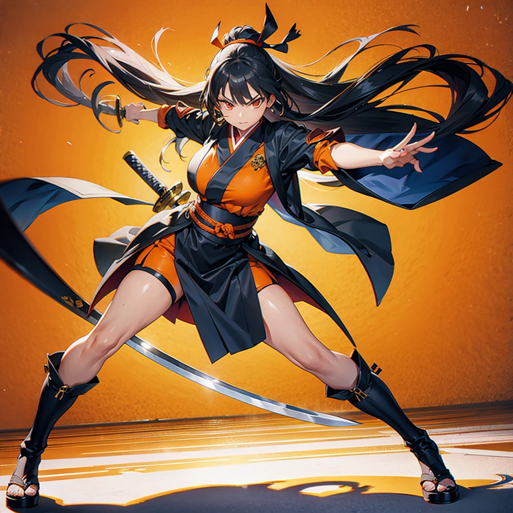 Dynamic composition、((Perspective Lens, Woman with long hair,  Dynamic poses with serious and mean expressions, Two hands brandishing a large, long Japanese sword )) ((Pure Orange Background:1.2)),Anime Style、Detailed eyes、Perfect toned body shape、Looks like she&#39;s in her early 20s,Shooting in mid-motion,With her long braided hair fluttering. Her outfit is reminiscent of a butterfly,Black and yellow color palette,Be playful.,Neon color line fractal art、