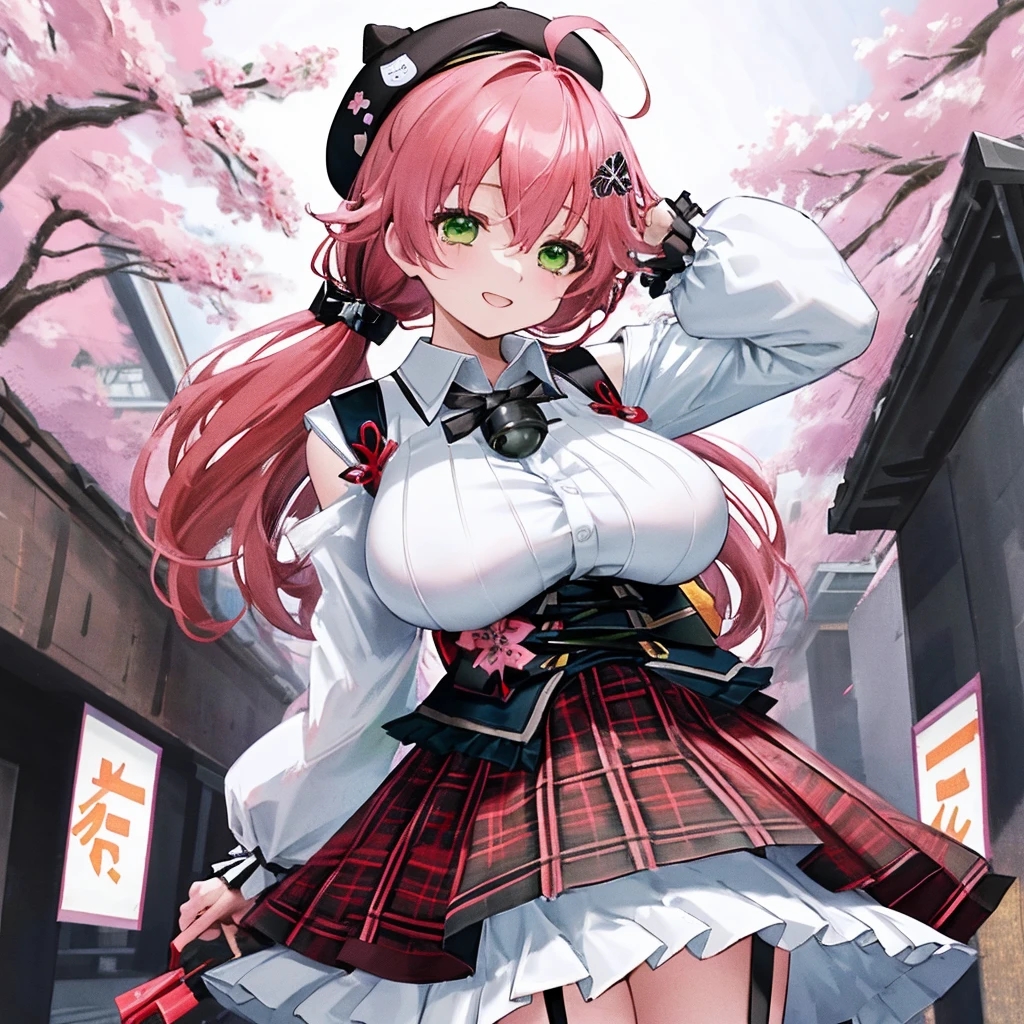 masutepiece, Best_Quality, hight_resolution, miko2,Ponytail, 1girl, Green eyes, Ahoge, black headwear, Hair Ornament, White shirt, black thighhighs, Pink hair, Red_skirt, very_short_skirt, plaid skirts, garter_strap, Collared shirt, hair clips, frilld, Bangs, hair between eye, frills skirt, beret, Pleated skirt, Hair Flower, Neck bell, , puffy long sleeves, Black bow, Underbust, Cowboy Shot,Smile, (gigantic_breasts:1.3),covered_nipples, covered_pussy,close_eyes, happy, childlike_posing,spread_legs,smile,cherryblossom_background,