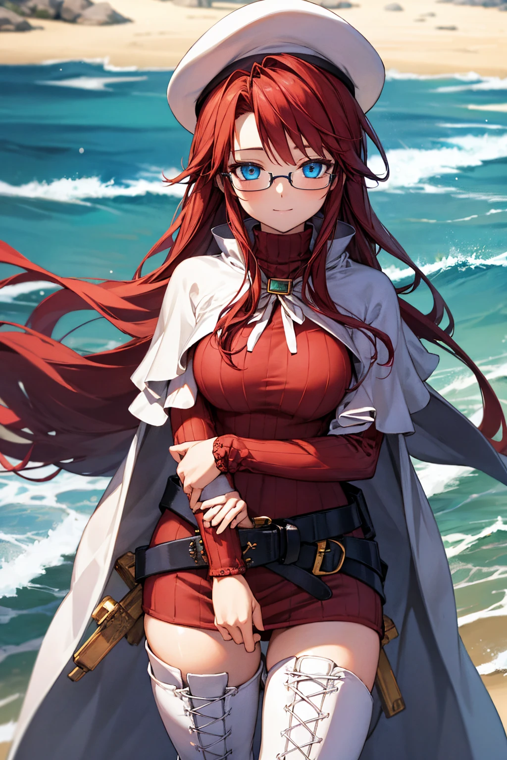 summonnightaty, aty, (young:1.3),long hair, blue eyes, red hair, big_tits, hat, glasses,
BREAK long hair, thighhighs, hat, dress, naked_legs, glasses, belt, cape, sweater, zettai ryouiki, beret, thigh boots, white footwear, ribbed sweater, loose belt,solo,
BREAK outdoors, fantasy,on_beach,
,Highquality_hads,perfect_fingers,
BREAK (masterpiece:1.2), best quality, high resolution, unity 8k wallpaper, (illustration:0.8), (beautiful detailed eyes:1.6), extremely detailed face, perfect lighting, extremely detailed CG, (perfect hands, perfect anatomy),covered_nipples,covered_navel ,half_eyes,long_sword,sleepy,red_sweater,apart_knees,magical_effect,spread_legs, have_a_book,teacher,rise_knee,Smile,rise_hand,look_down_viewer,spread_arms,sea​_waves,looking_into,blue_sky,plump,open_mouth, dynamic_posing,solo,