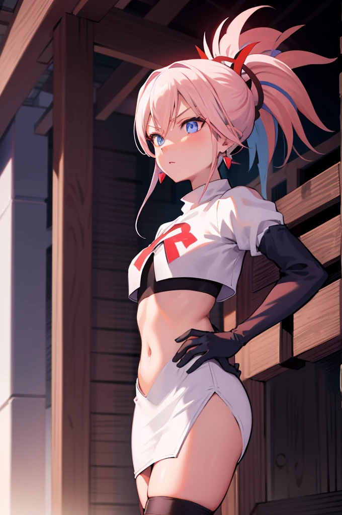 miyamotomusashi, miyamoto musashi, asymmetrical hair, blue eyes, earrings, hair ornament, pink hair, ponytail, sidelocks,team rocket,team rocket uniform, red letter R, white skirt,white crop top,black thigh-highs,black elbow gloves