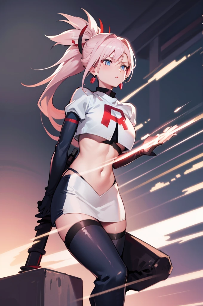 miyamotomusashi, Miyamoto Musashi, asymmetrisches Haar, blaue Augen, Ohrringe, Haarverzierung, pinkes Haar, Pferdeschwanz, Seitenlocken,Team Rocket,Team Rocket uniform, roter Buchstabe R, weißer Rock,weißes bauchfreies Top,schwarze Strümpfe,schwarze Ellbogenhandschuhe