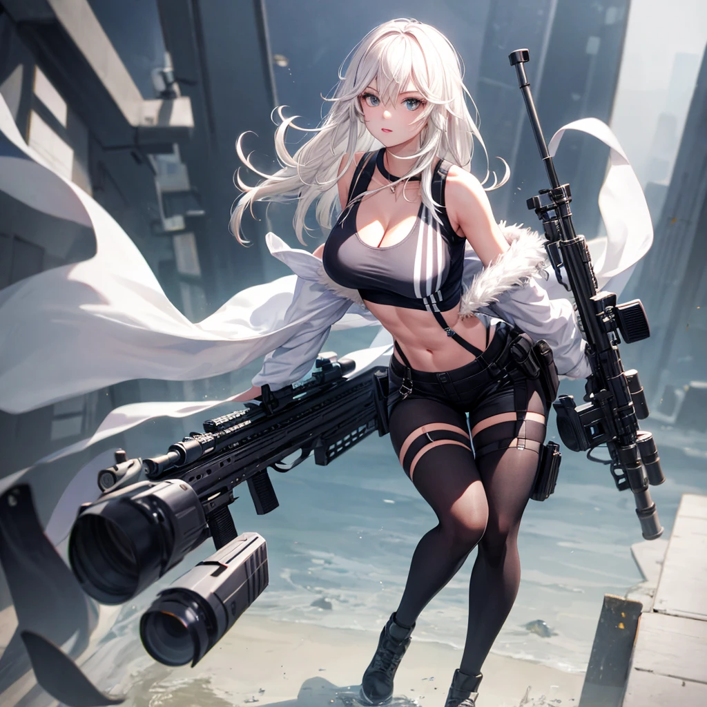 solo、full-body portraits、sleeveless、White-colored skin，Large Breasts,Sniper rifle，Magnum，Black tights，cleavage