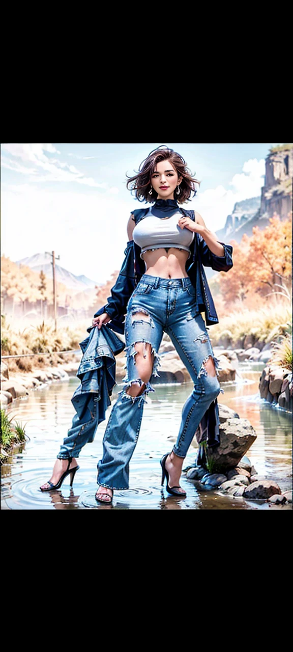 Practical, Reality, 8K HD, masterpiece: 1.5, Angle lens, Intermediate perspective, Asian woman in Arad wearing belly-baring tight long jeans and grey short-sleeved shirt, background: 1.5 (foot of the mountain, By the stream, 坐By the stream), Cute , Slim and perfect, (Bob, Fashionable middle-parted fluffy short straight hair: 1.2), girl, Wearing long skinny jeans, Wearing ripped hole tight long jeans (low waist crop top, Ripped Hole Pants: 1.5), (Hole: 0.6), (branded jeans: 1.5, Realistic jeans texture and stripes: 0.8, Realistic jeans grain: 0.8), Wearing a smoke grey tight short-sleeved (brand: 1.5, Slim, Realistic clothing textures: 1.5),  dynamic poses, standing, wHole body: 1.5, beautiful skin, glowing skin, Beautiful thighs, Perfect thighs, perfect calves, White and tender toes, Beautiful breasts:1.5,breast:1.5,Hips:1.5,best quality, White skin, Real skin, (Delicate face), Oval face, Pores, Ultra-high resolution, (8k, original photo, Reality:1.4), 1girl, Slim, (Smile, Show your teeth: 1.2, Look at the audience with the calm eyes of the goddess of happiness: 1.2), ( Fashionable middle-parted fluffy short straight hair: 1.2, Lip Gloss, eyelash, Bright face, best quality, Super Resolution, Wide lighting, Natural shadows), Pink Toes: 1.5, Stiletto sandals: 1.5, Photograph the whole body (1.5) 