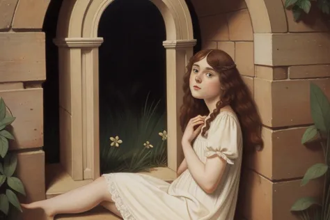 pre-raphaelite scene of a 18-year-old white girl in a nightgown from the 1910s, squeezing through a hole in the wall, a magical ...