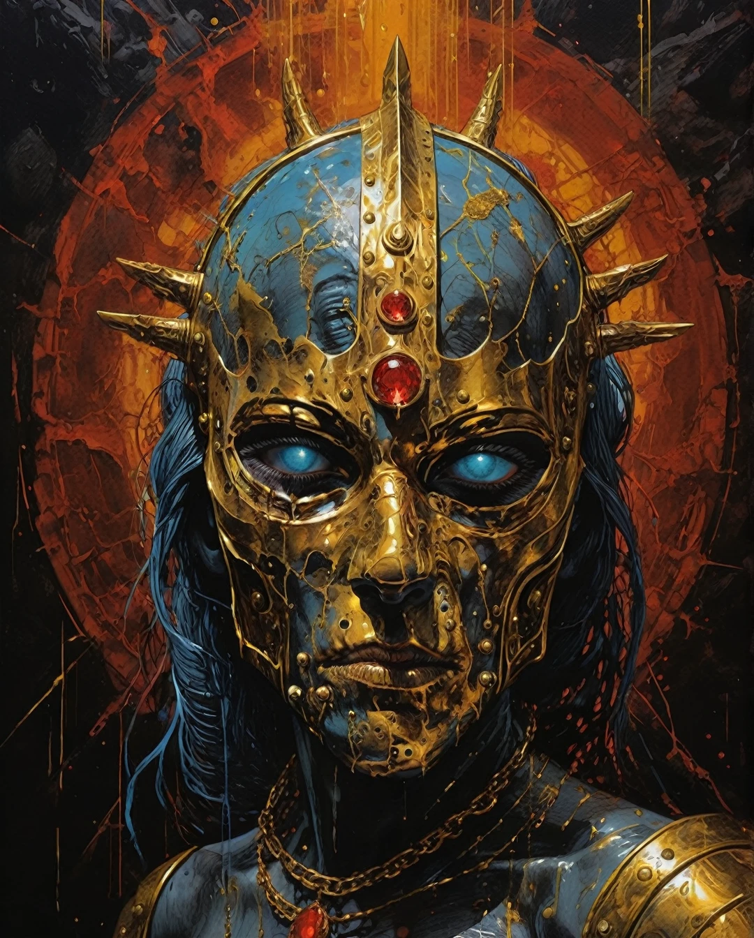 ((bejeweled helmet covering eyes)). a warrior woman with blue hair wearing a gold warrior helm with an eyeless mask, covered eyes, profile view, inspired by Hedi Xandt, by gerald brom, todd lockwood and carne griffiths, rococo, hauntingly beautiful illustration, gothic fantasy, (copper goat skulls, photo of a hand jewellery model, intricate latex set, golden taurus, pearls and chains, singularity sculpted ー etsy, baphomet, inlaid with gold rococo:0.7), bokeh bioluminescent background, textured gold leaf and abstract lines in bg, ,portraitart,art_booster,Decora_SWstyle.., maximalist art, by Moebius and Hariton Pushwagner, (ambient occlusion, masterful, beautiful), poster art, bold lines, hyper detailed, expressive, award winning, (landscape:1.4), (intricate details, masterpiece, best quality:1.4), looking at viewer, dynamic pose, wide angle view, in the style of nicola samori , futuristic style, sleek, ultra modern, high tech, ornate by Moebius and by Marc Simonetti, clean lines, geometric shapes, Minimalist color scheme of red and cyan
mkitdecy, rust, cracks brutalism, style by Tom Jung and Drew Struzan and Tim and Greg Hildebrandt, ((style by artgerm and Greg Manchess and Ilya Kuvshinov))