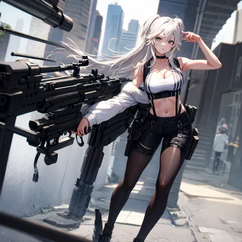 solo、full-body portraits、sleeveless、White-colored skin，Large Breasts,Sniper rifle，Magnum，Black tights，cleavage