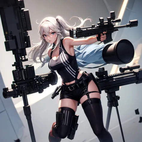 solo、full-body portraits、sleeveless、White-colored skin，Large Breasts,Sniper rifle，Magnum，Black tights，cleavage